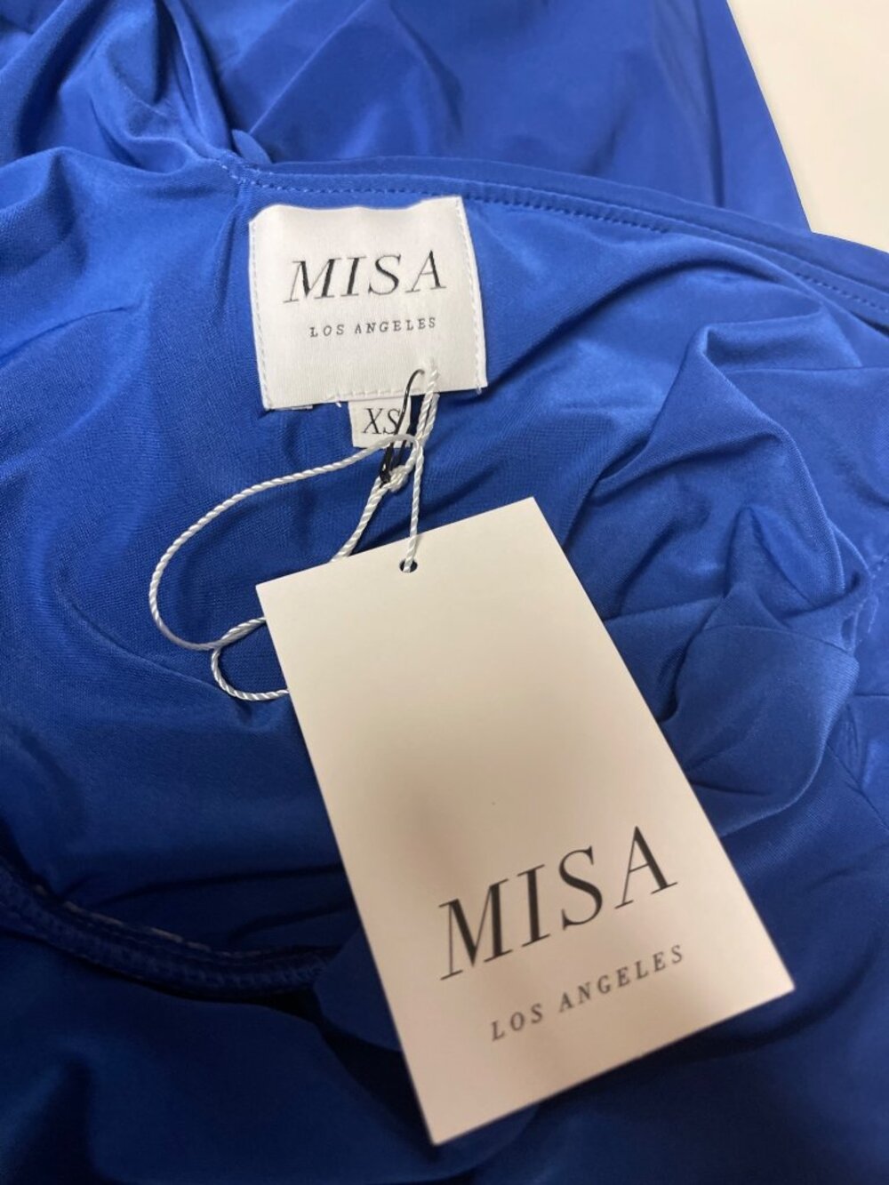 MISA Los Angeles Domino Dress Navy Blue Ruched Knot Front XS NWT Made USA - Picture 8 of 10